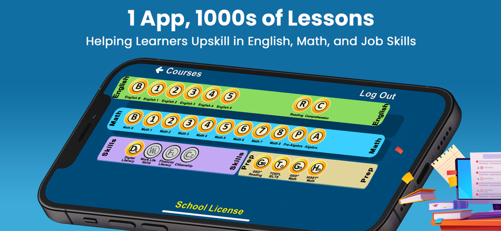 Smartphone screen displaying Learning Upgrade app courses for English Math and job skills