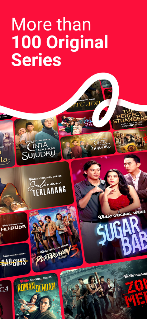 Vidio: Sports, Movies, Series - A collage of posters for Vidio Original Series featuring diverse genres and titles with text stating more than 100 original series.