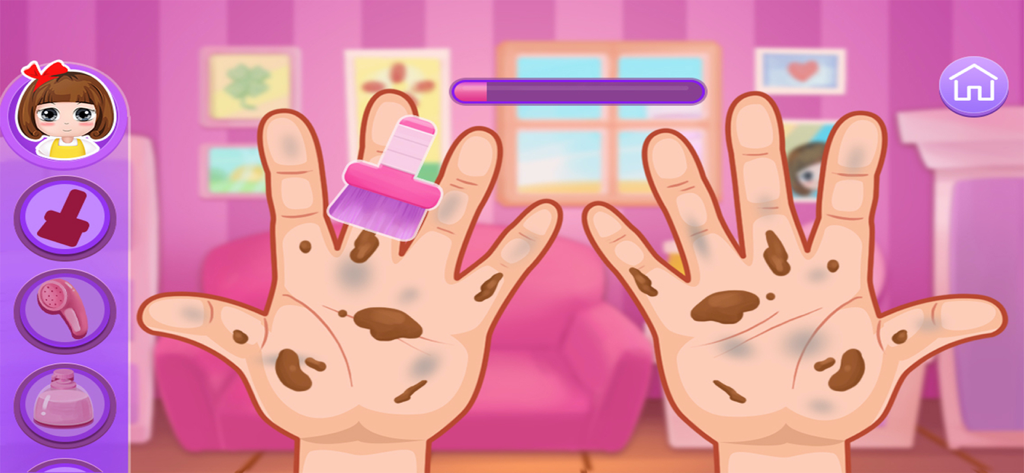Bella's hand care salon game - Cleaning dirty hands with a pink brush in Bellas hand care salon game