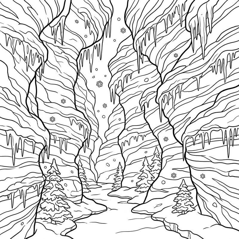 Dive into the serene beauty of a winter wonderland with this exquisite slot canyon coloring page. Featuring delicate snowflakes, glistening icicles, and towering rock formations, it promises a tranquil and captivating artistic escape.