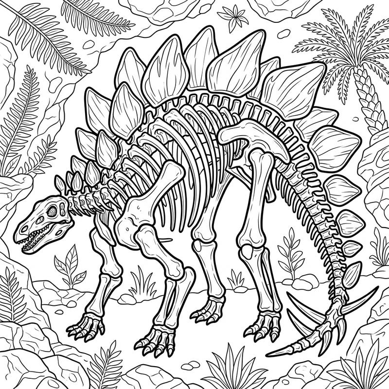 Embark on an archaeological coloring journey with this intricately designed Stegosaurus skeleton. This unique template brings the majesty of prehistoric dinosaurs to life, ready for your artistic touch.