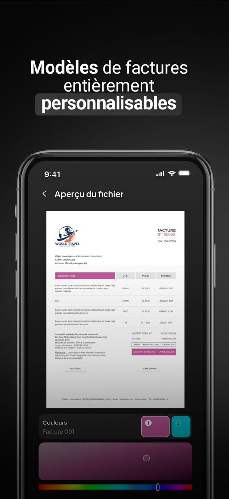 Smartphone screen displaying customizable invoice templates in the Payme app