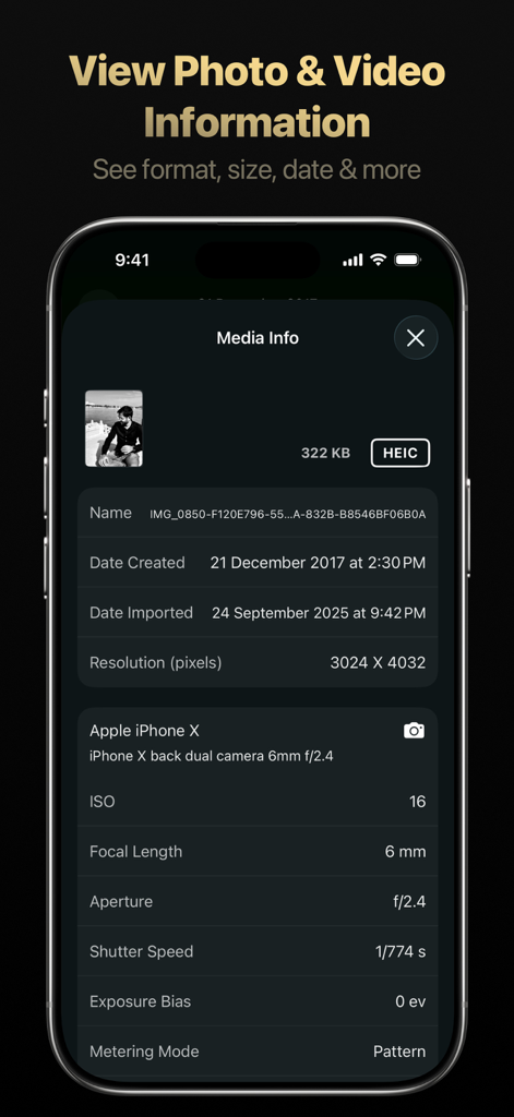 Trustful – Secret Photo Vault - Trustfulロッカーアプリの詳細な写真とビデオのメタデータ情報画面。