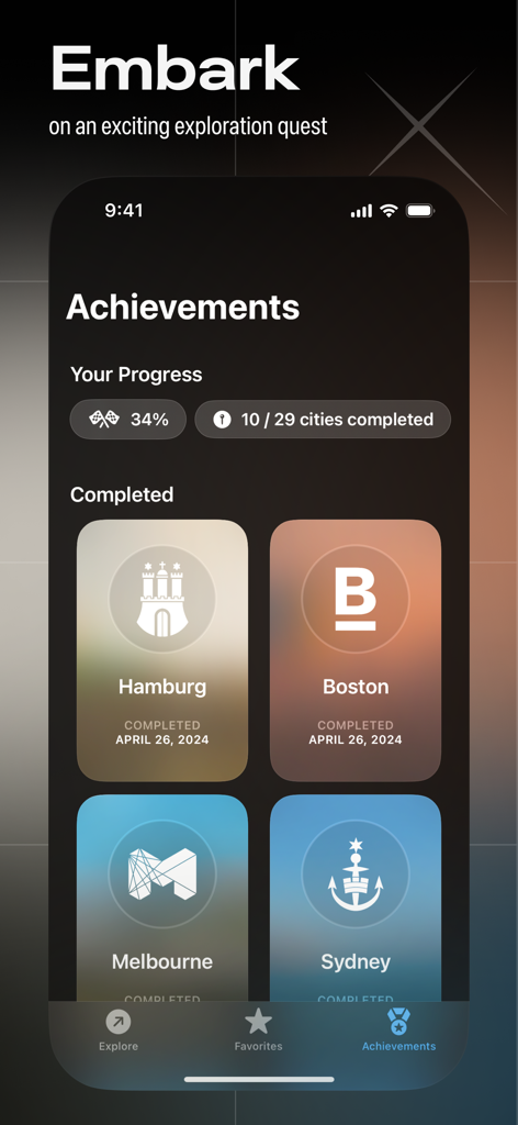 랜드마크 앱의 업적 화면, 사용자 진행 상황 및 완료된 도시 배지 표시