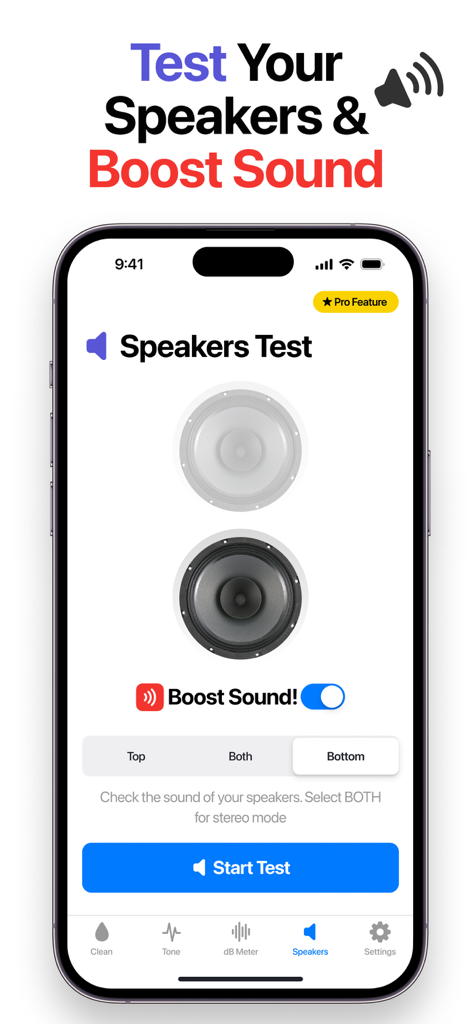 SpeakerTools: Sound Toolkit - SpeakerTools app screen showing the speakers test feature and sound boost toggle.