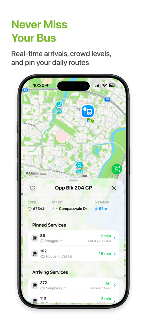 Bustro: Singapore Bus - iPhone screenshot of Bustro app showing real-time bus arrivals and map tracking for Singapore public transport