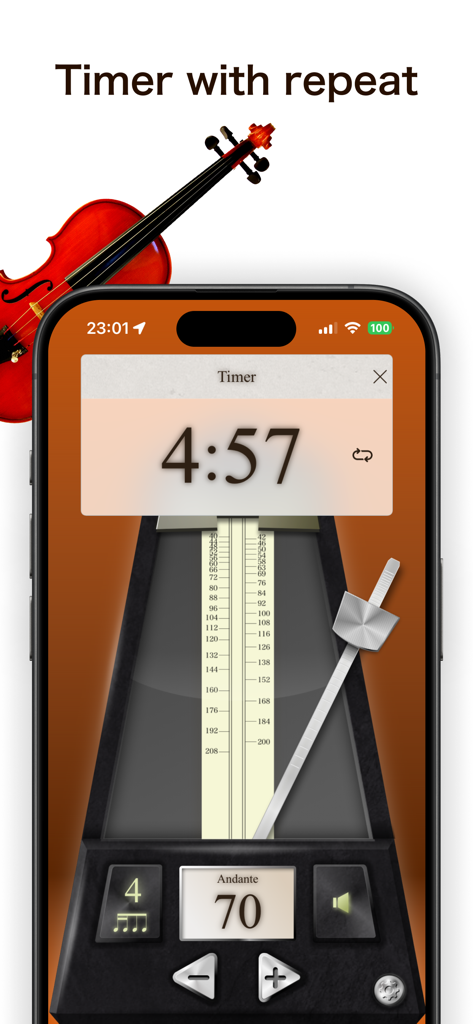Metronom Lite von Piascore App zeigt den Timer mit Wiederholungsfunktion auf einem iPhone mit einem Geigenhintergrund an