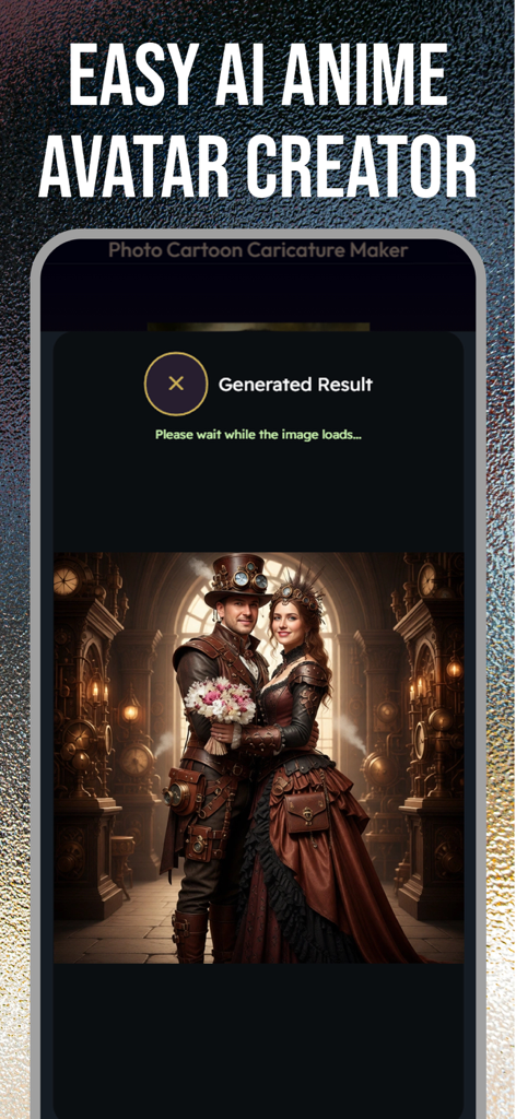 Caricature Maker - Toon Me Art - Caricature Maker app interface showing an AI generated steampunk style avatar of a couple