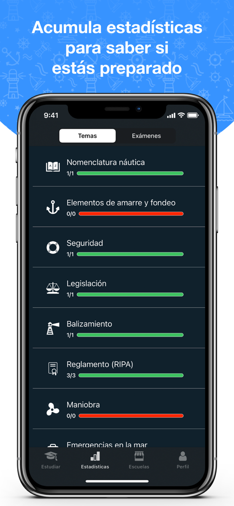 Pantalla de la aplicación móvil mostrando barras de progreso de estudio para diferentes temas del examen náutico como seguridad y legislación en la aplicación Test Patron