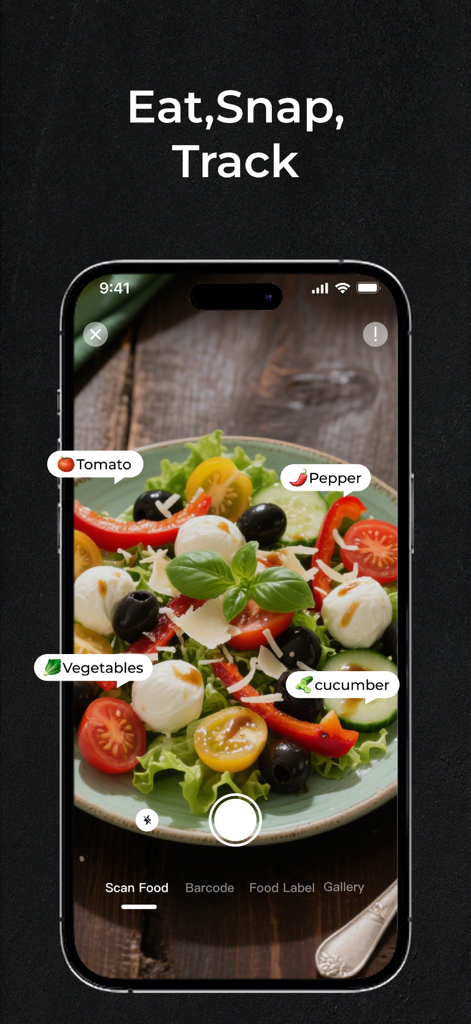 KCal AI:CalorieTracker&Counter - KCal AIアプリのインターフェース。AI写真認識がサラダをスキャンして、トマトやピーマンなどの材料を特定している様子を表示。