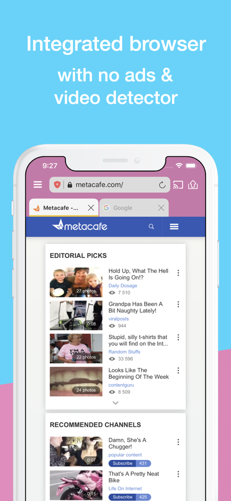 Video Web - Video Player - Video Web app interface showing an integrated browser with built-in ad blocker and video detector