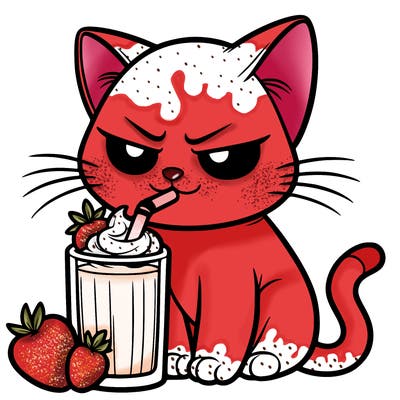 realistic mean kitty drinking a strawberry and mango smoothie