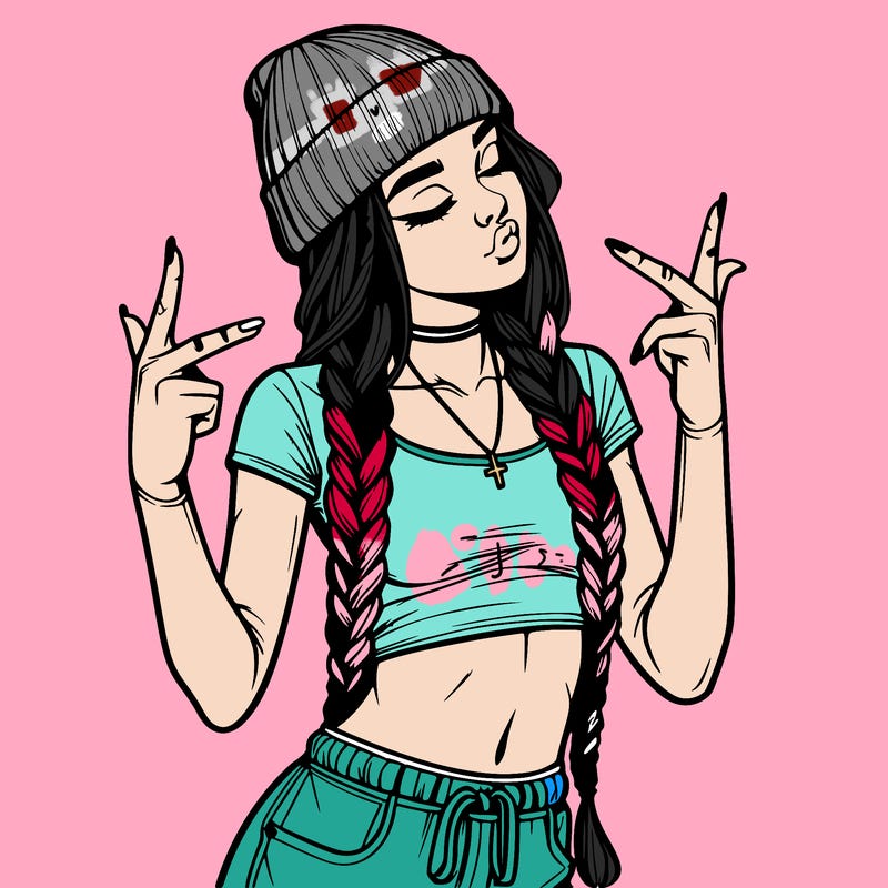 realistic teenage girl with braids and a beanie and crop top doing 🫶🏼