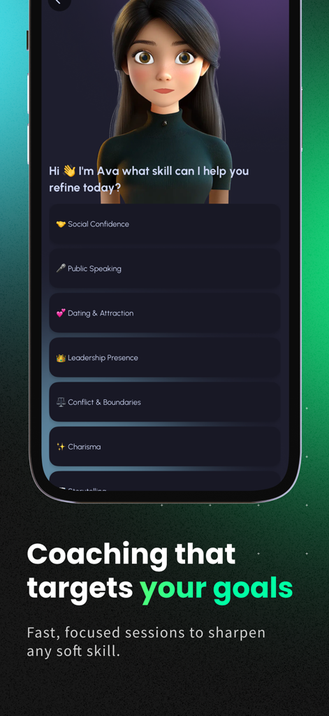 CharmXP: AI Charisma Coach - A selection screen in the CharmXP app featuring an AI avatar named Ava and categories for soft skills like social confidence, public speaking, and dating.