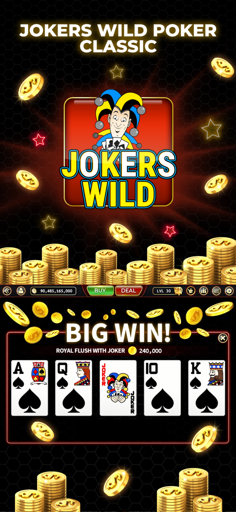 Lucky Eagle Play - Slots Games - Jokers Wild Poker classic game screen showing a big win with a royal flush including a joker