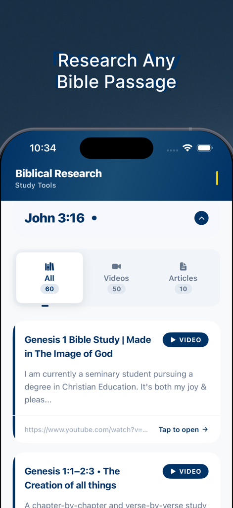 Biblical research interface in the Preach Sermon Builder app showing study tools and video resources for Bible passages