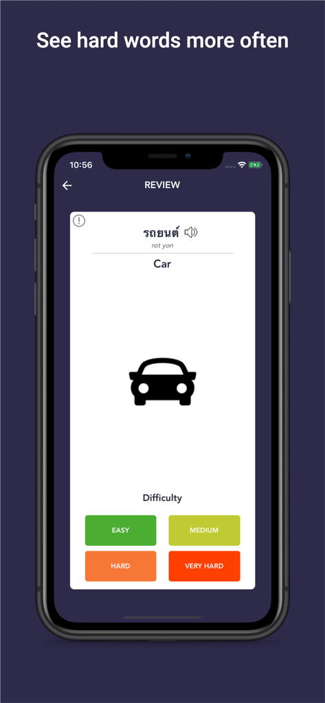Tobo: Learn Thai Vocabulary - Tobo app interface showing a Thai vocabulary flashcard for the word car with difficulty rating buttons.