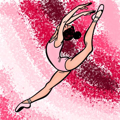 gymnast doing a leap in a leotard with a bent back leg