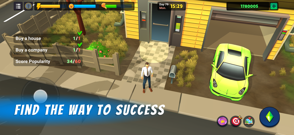 L.A. Story - Life Simulator - A character standing outside a yellow house with a lime green sports car in the driveway showing game progression goals.