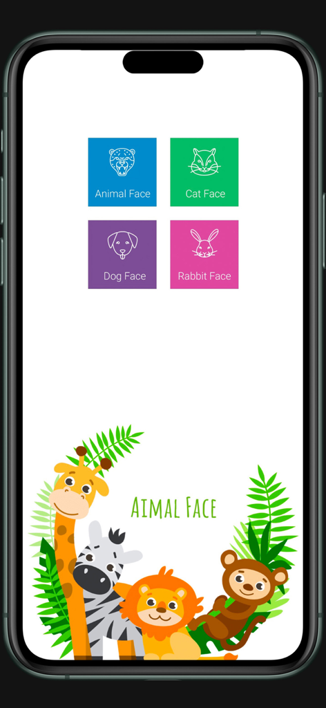 Animal Face changer funny pics - The main menu of the Animal Face changer app showing selection buttons for different animal filters like cat dog and rabbit