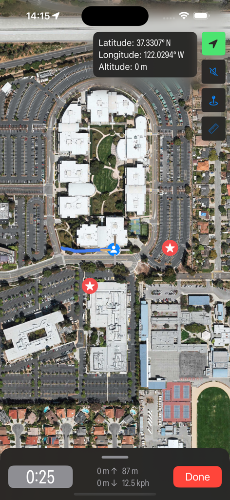 GPS Emu - Location Tracker App - Satellite map view in GPS Emu app featuring custom star markers and real-time GPS coordinates