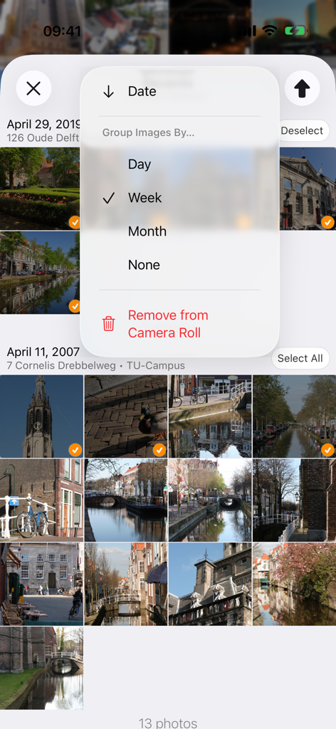 Piwigo - Menu de l'application Piwigo pour regrouper les photos sélectionnées par jour, semaine ou mois
