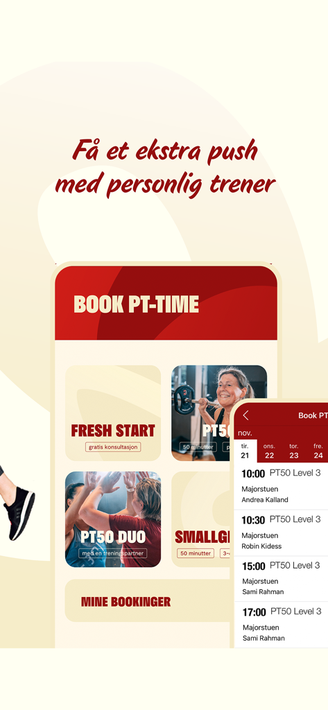 Fresh Fitness - Mobile app interface of Fresh Fitness showing personal trainer session booking options and schedules