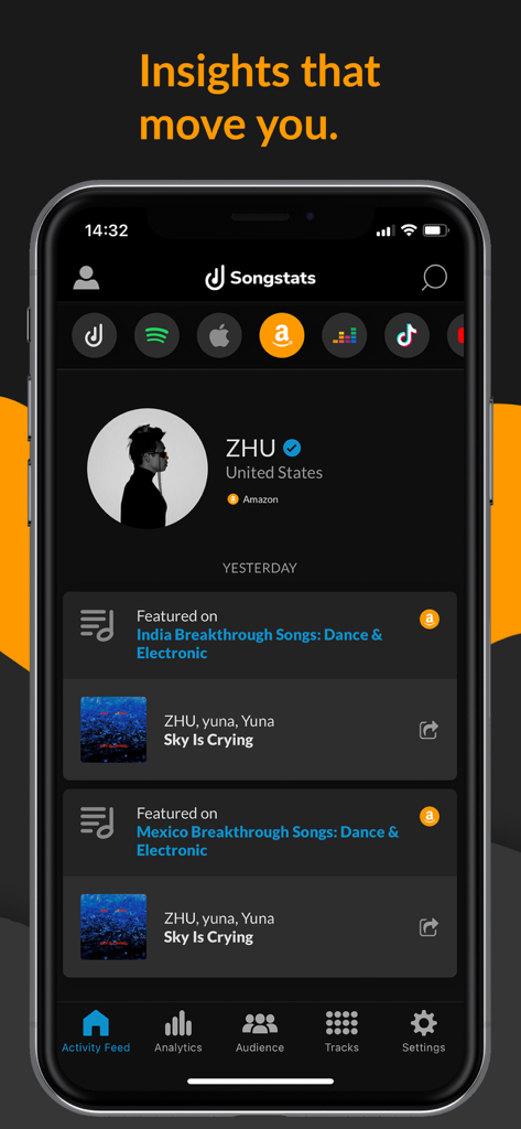 Songstats: Music Analytics - Feed di attività dell'app mobile di Songstats che mostra le funzionalità delle playlist in tempo reale per l'artista ZHU su Amazon Music