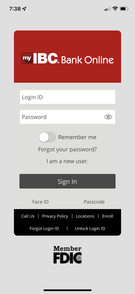 IBC Bank - The login page for the IBC Bank mobile application featuring Login ID and Password fields