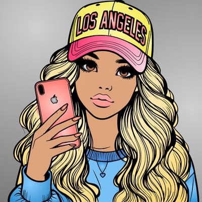 realistic beautiful girl wearing los ángeles cap holding an iphone