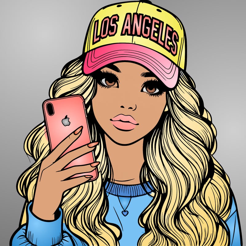 realistic beautiful girl wearing los ángeles cap holding an iphone