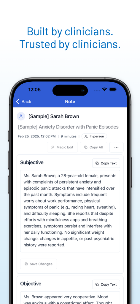 Twofold AI medical scribe app interface displaying a sample clinical SOAP note for a patient with anxiety disorder
