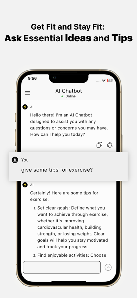 ChatBot Pro - Writer Assistant - A mobile screen showing ChatBot Pro providing exercise tips and fitness advice in a chat conversation.