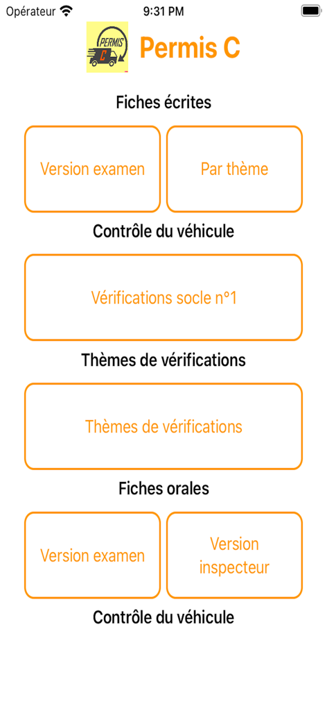 Permis C - Main menu of the Permis C app showing various study modules for the truck driving license exam