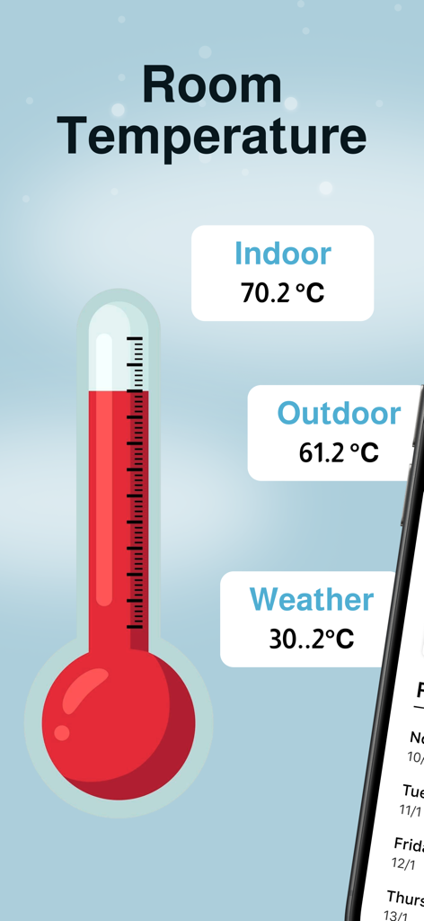 Mobile app screen showing a red thermometer icon with indoor and outdoor temperature readings in Celsius