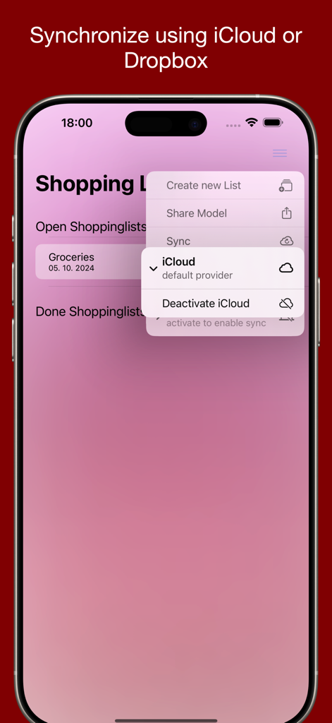 Shopping List For Me - Interfaz de la aplicación Lista de Compras Para Mí mostrando opciones del menú de sincronización de iCloud en un iPhone