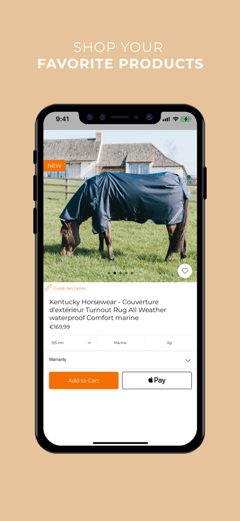 Ohlala Sellerie - La page produit de l'application mobile Ohlala Sellerie montrant une couverture d'écurie Kentucky Horsewear pour chevaux avec un bouton d'ajout au panier.