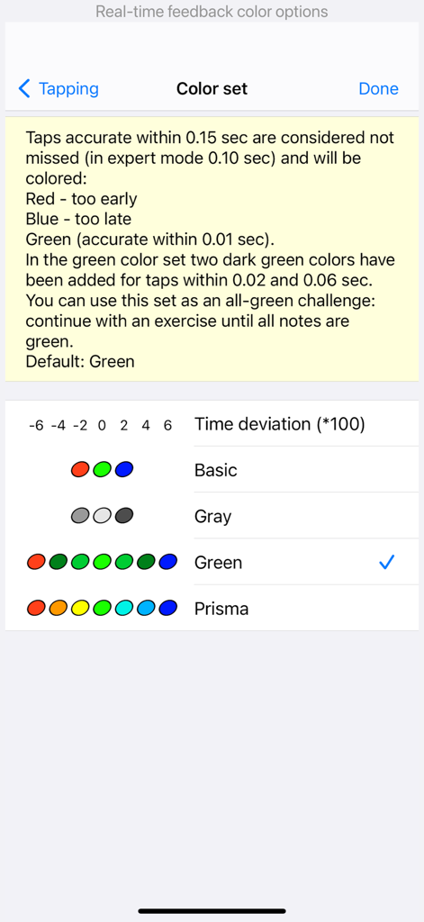 Settings screen for selecting visual feedback colors based on tapping accuracy in the rhythm trainer app.