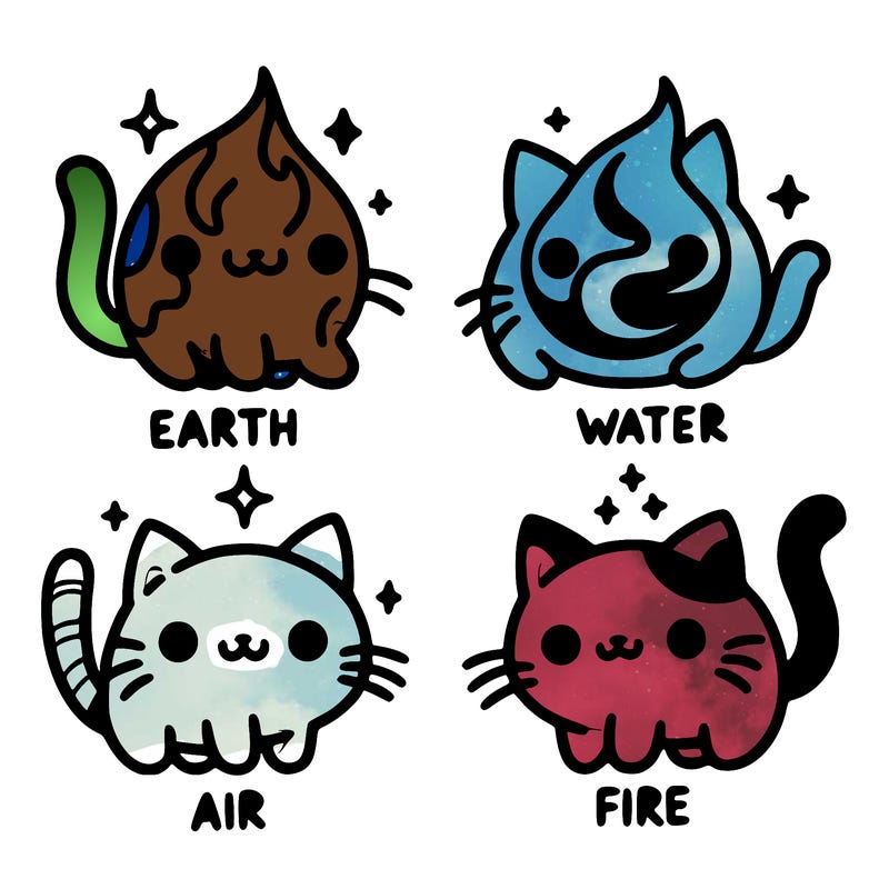 4 cats that represent the different elements, earth, water, air, and fire