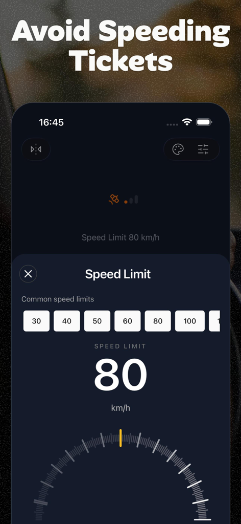 GPS Speedometer & Speed HUD - Interfaz de la aplicación Velocímetro GPS que muestra la selección del límite de velocidad y ajustes preestablecidos para evitar multas por exceso de velocidad.