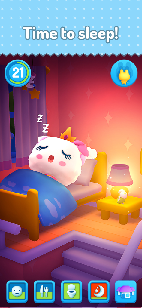 A cute white Tamagotchi character wearing a crown sleeping in a bed under a blue blanket.