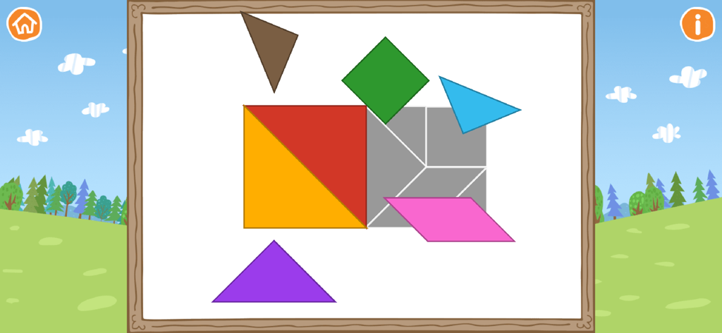 A preschool tangram puzzle game where colorful geometric shapes are placed into a silhouette template.
