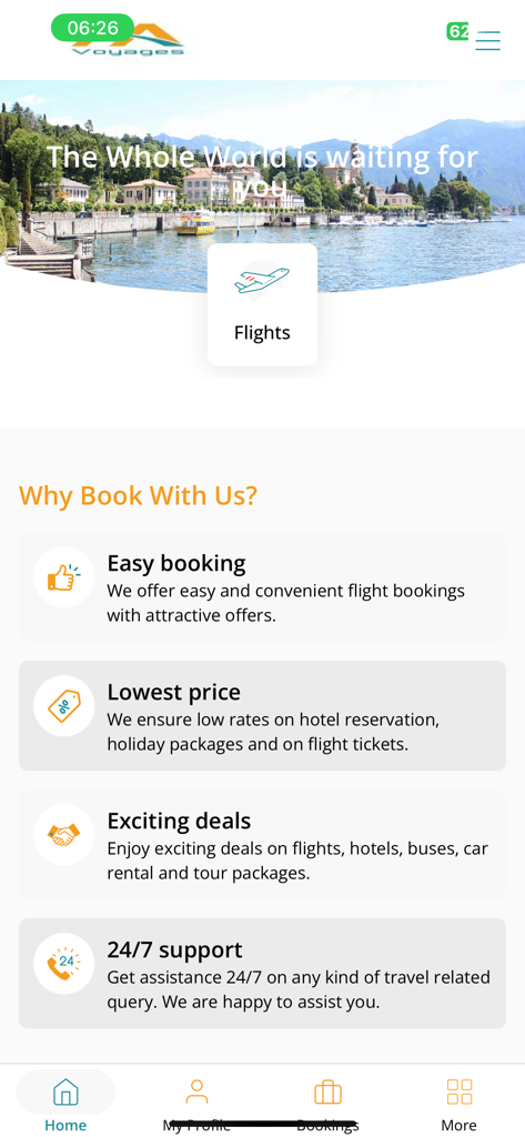 Pantalla de inicio de la aplicación de viajes HA voyages que muestra funciones de reserva de vuelos y soporte al cliente 24/7.