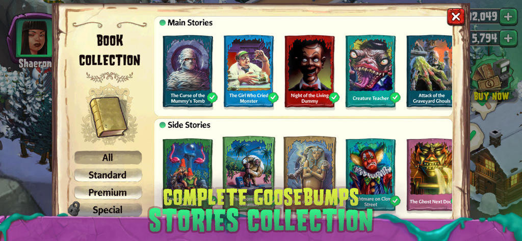Goosebumps Horror Town - A screenshot of the Goosebumps HorrorTown book collection menu featuring iconic book covers like Night of the Living Dummy.
