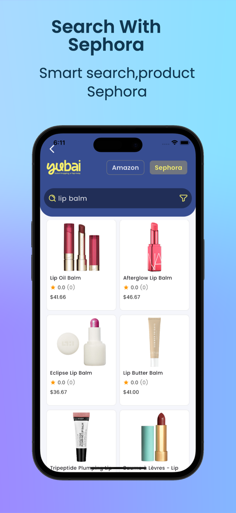 Yubai - Yubai app interface showing a search for lip balm with product results from Sephora