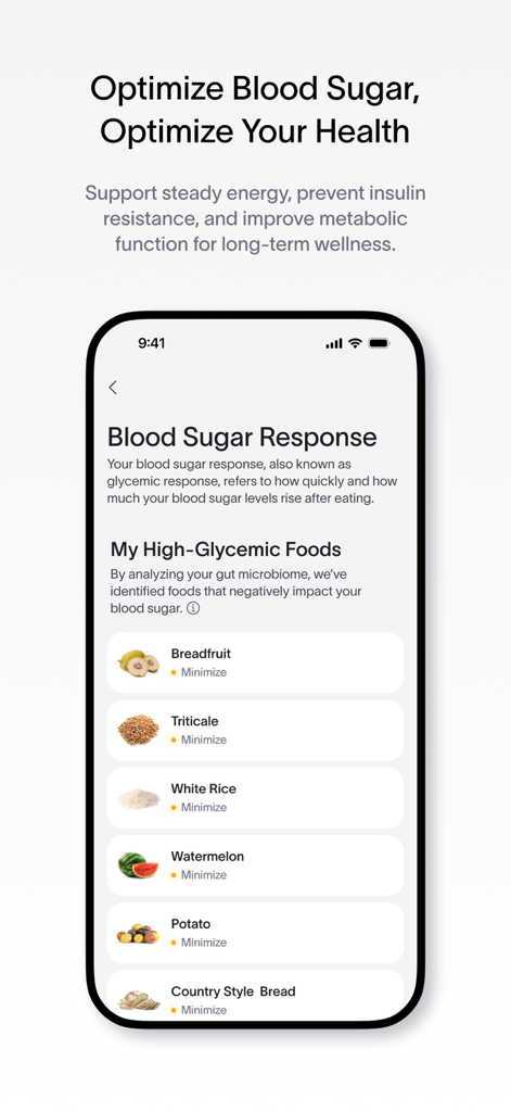 Viome - Viome app interface showing personalized blood sugar response and high glycemic foods to minimize