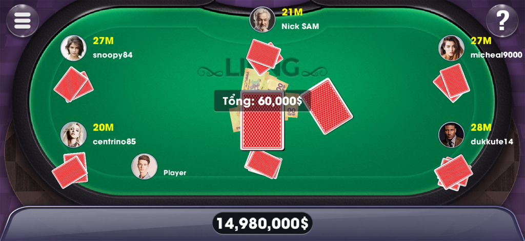 Vista de arriba hacia abajo de un juego de cartas vietnamita Lieng con jugadores en una mesa virtual verde