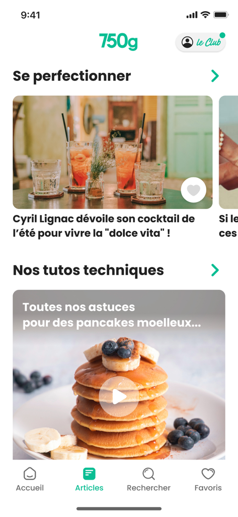 Interface d'application culinaire de 750 g proposant des articles de cuisine et des tutoriels vidéo techniques pour les recettes.