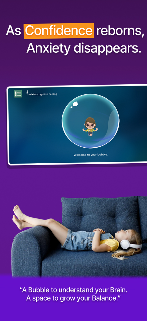 Un enfant portant un casque se détend sur un canapé à côté d'un écran montrant le mode de l'application Babaoo Brain Bubble pour le calme et l'équilibre.