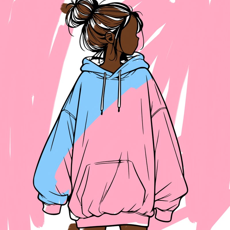 realistic girl with a oversized sweatshirt on and a bun